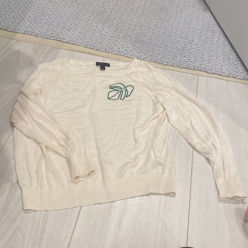 Lightweight J-Crew sweater with cross-stitch palm leaf